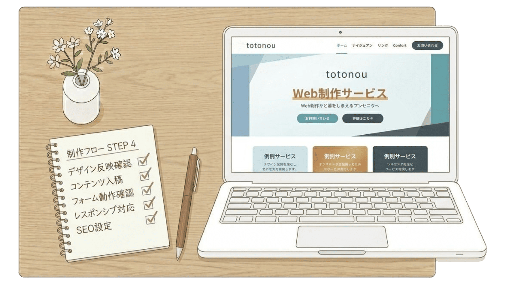 チェックリスト付きノートとPCが並び、ホームページを丁寧に制作している様子のイラスト
