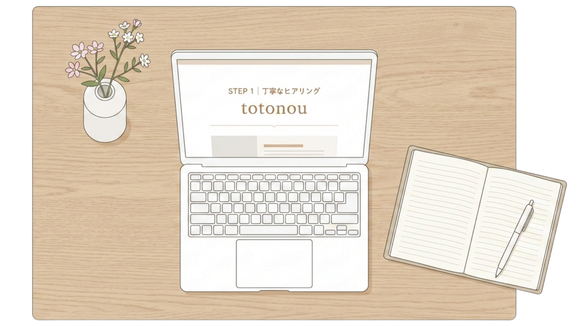 木のテーブルに花瓶とPCが置かれたイラスト。ホームページ制作の相談のイメージ