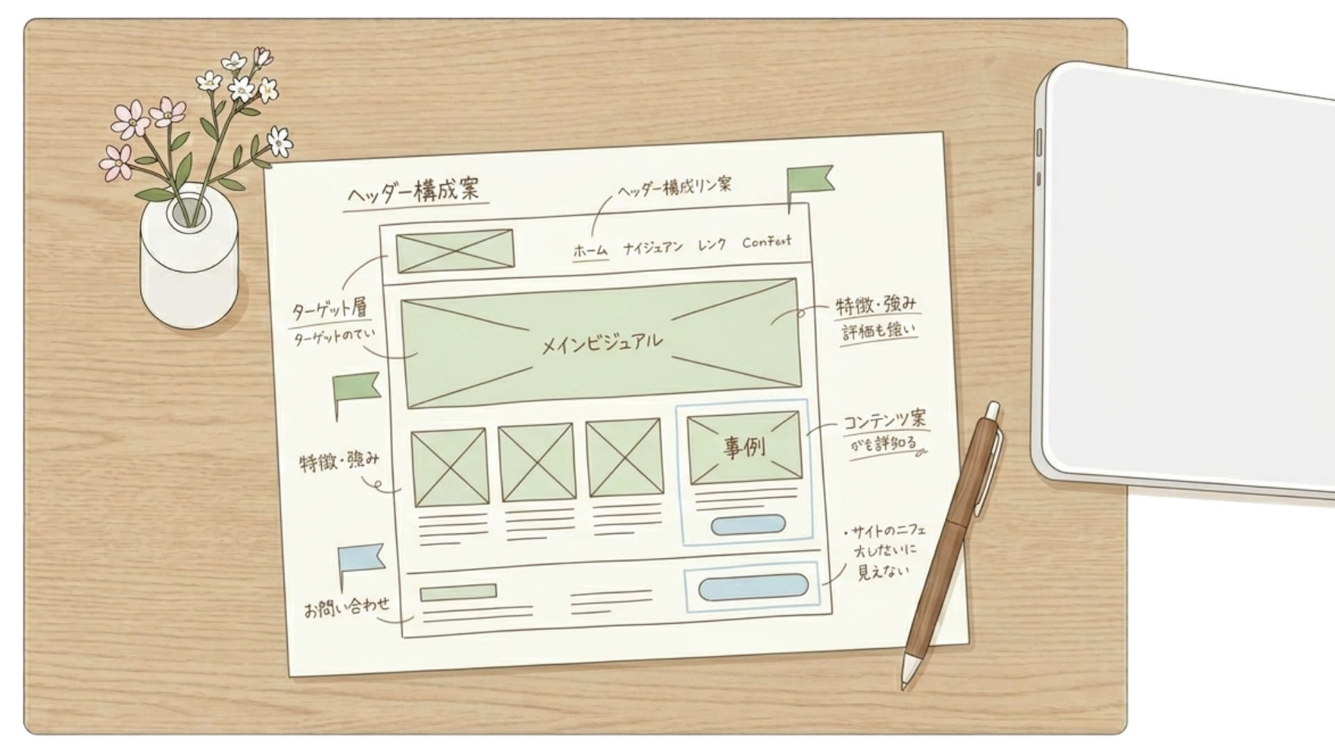 テーブルに花瓶とPC、ワイヤーフレーム風の用紙が置かれた、構成・デザイン提案のイラスト。