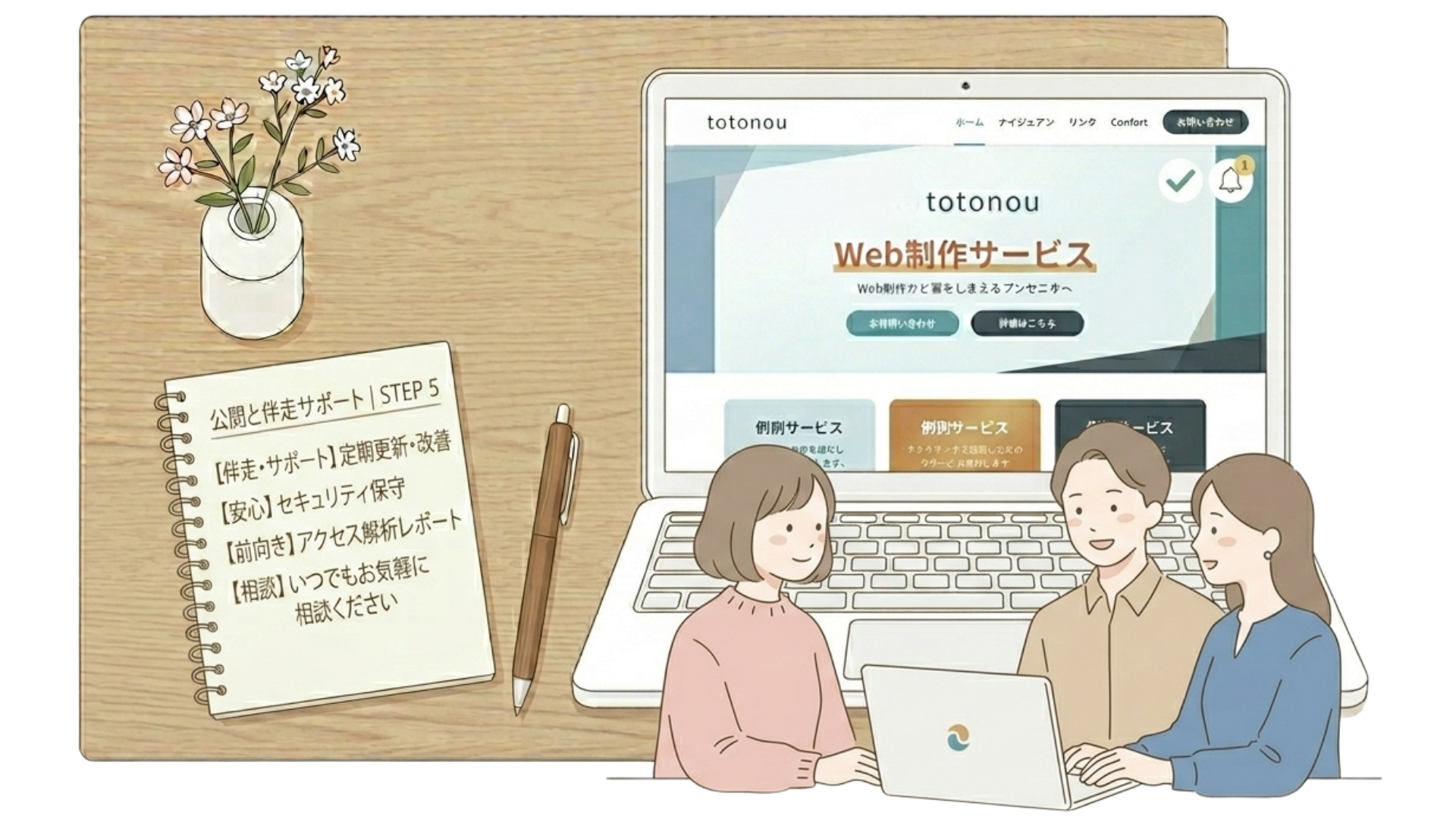 女性フリーランスと担当者がPC画面を一緒に見ながら相談している、公開後の運用サポートのイラスト